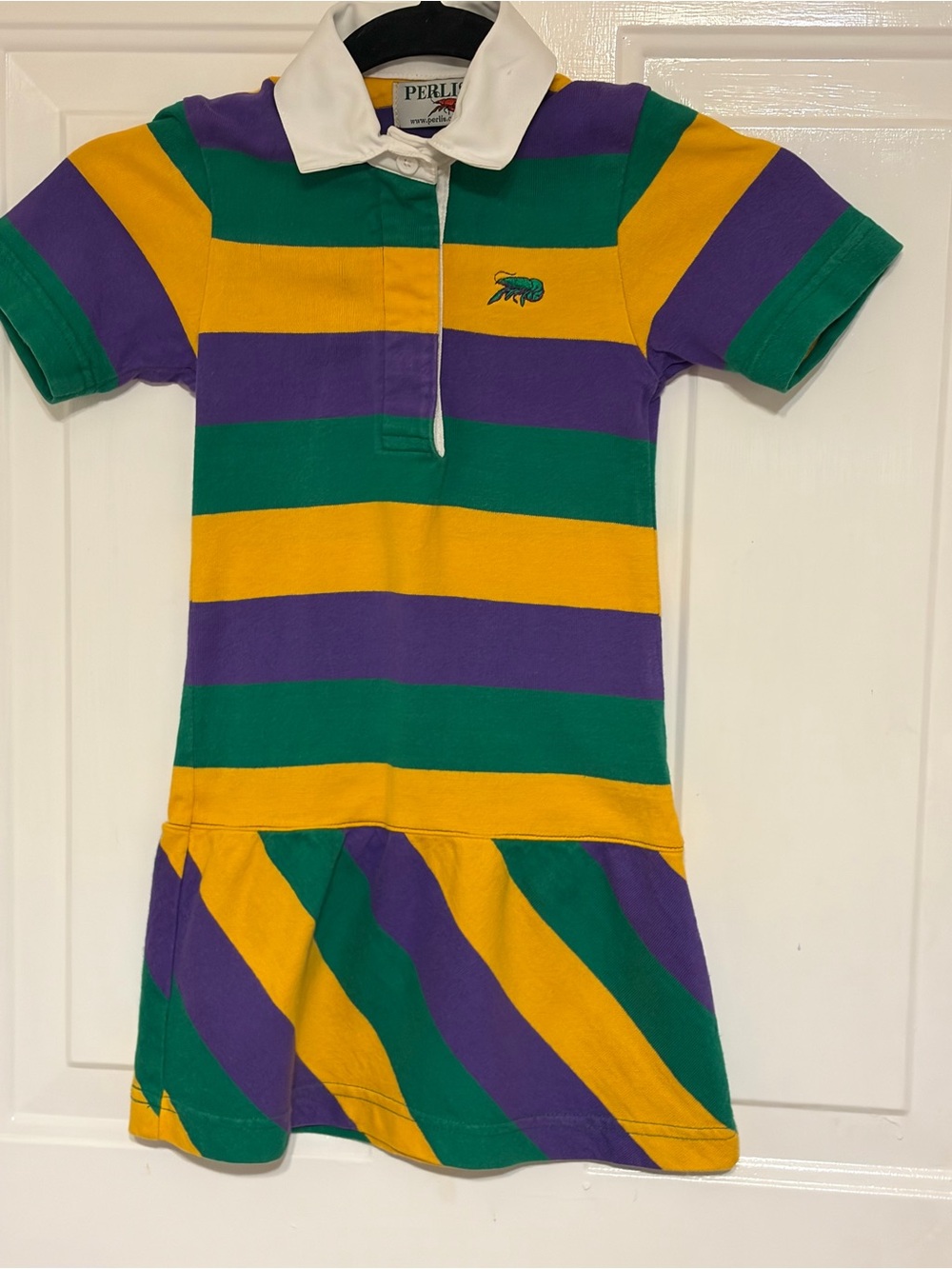 Perlis-New Orleans Girls Crawfish Full Stripe Mardi Gras Rugby Dress Size XS